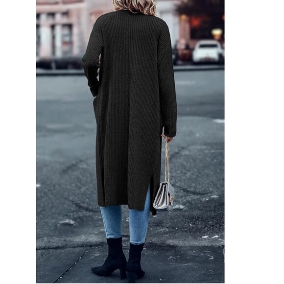 Long Ribbed Cardigan Sweater Black Open Front Oversized M - Picture 6 of 9